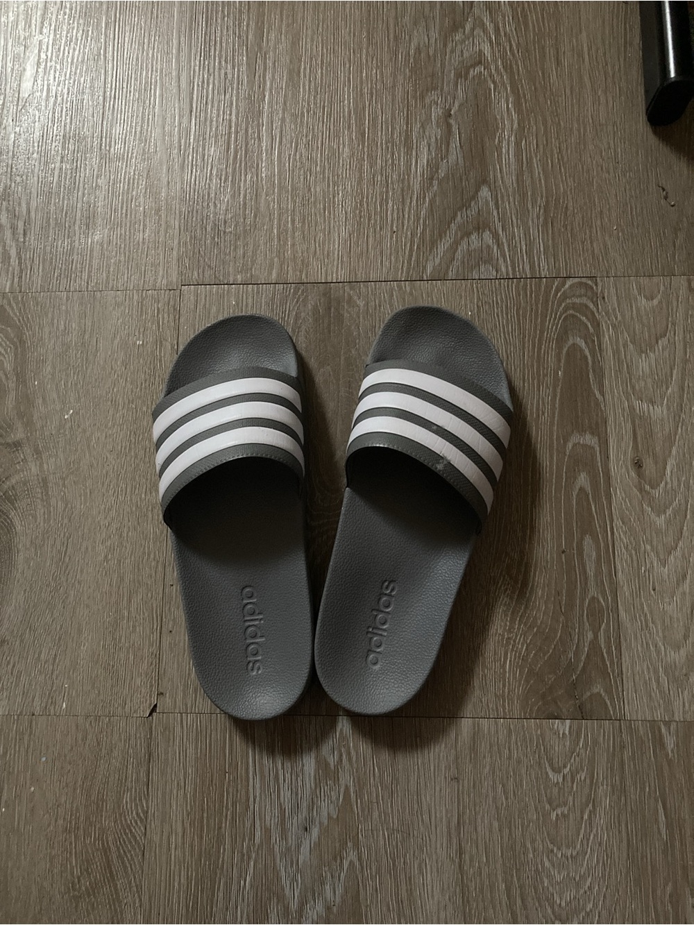 adidas Grey Slides with White Three-Stripes
